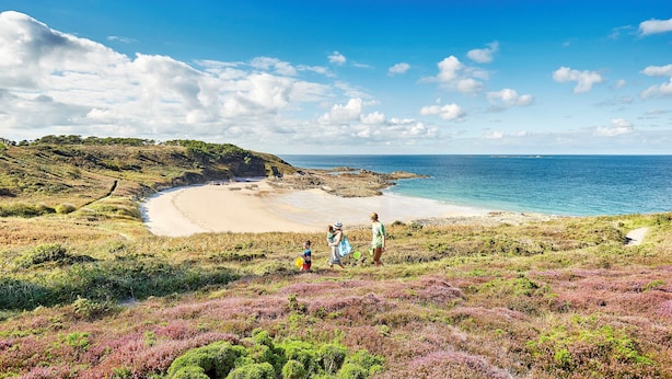 A coastal landscape with a sandy beach, grassy terrain, and a clear blue sky.