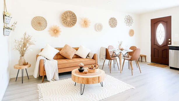 A modern living room with a brown sofa, round coffee table, and dining area with chairs and a small table. Decorative wall art and a wooden door are visible. - Walk to Google 3BR Home Yard & Kitchen (Mountain View)