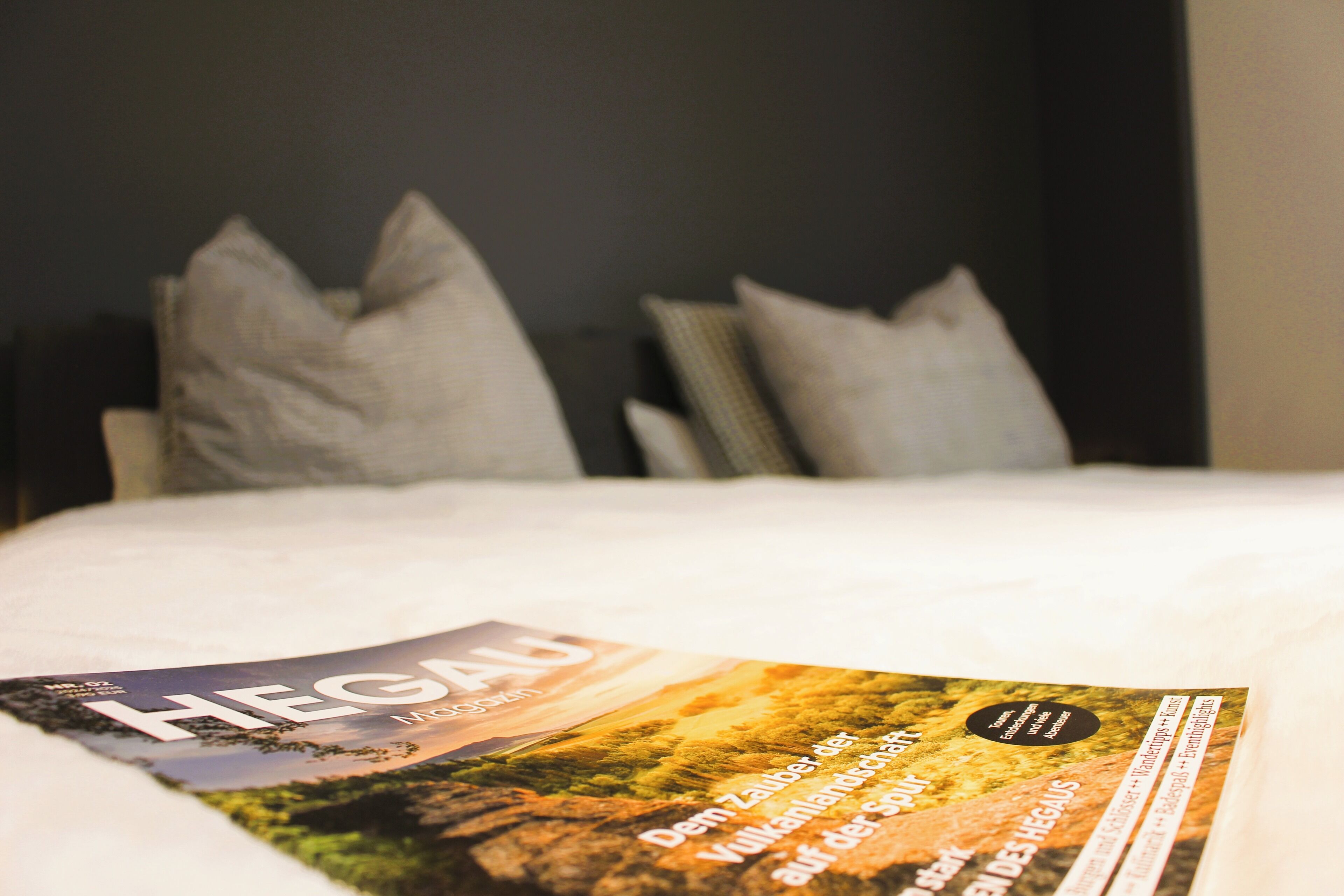 A bed with a magazine on it, pillows, and a dark wall.