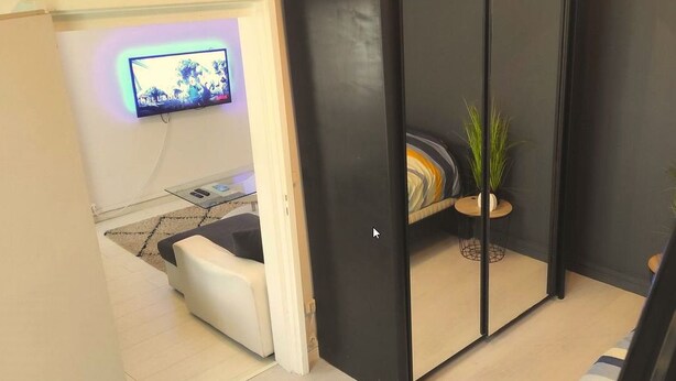 A modern room with a sofa, a TV, and a small plant.