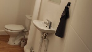 A bathroom with a toilet, sink, and mirror.