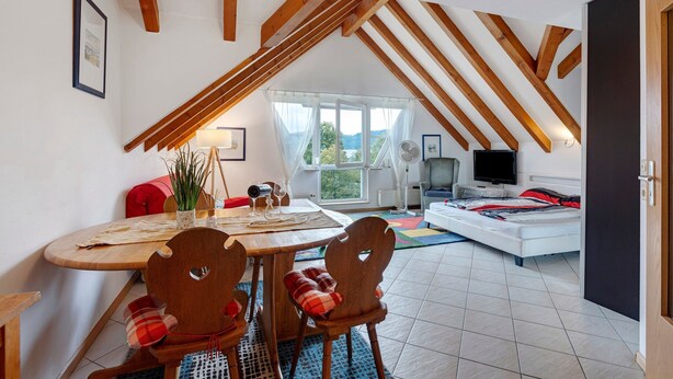 Ein Essbereich mit Holztisch und Stühlen, einer Couch, einem Fernseher und einem Fenster mit Vorhängen.