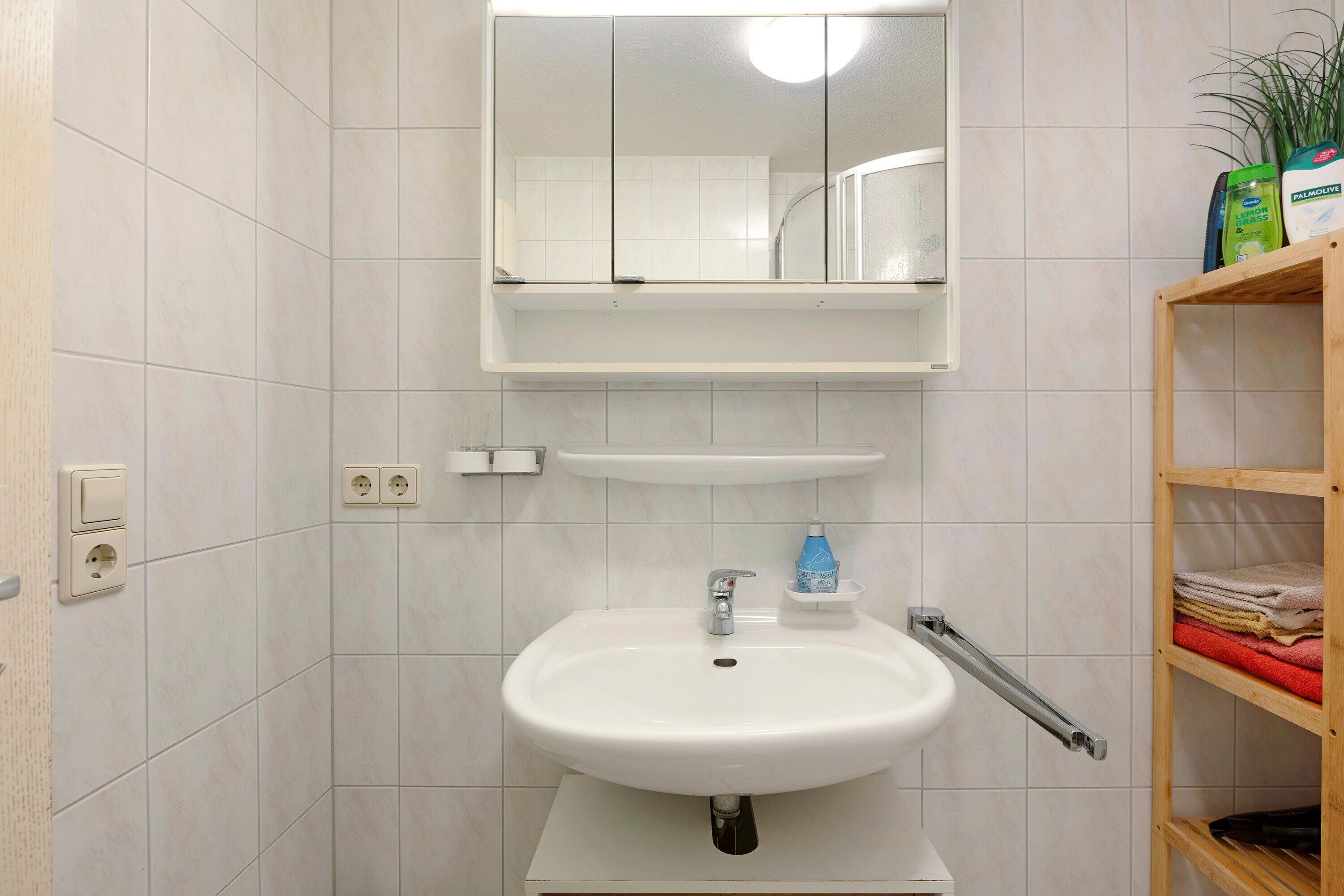 A bathroom with a white sink, mirror, and shelf; a wooden shelf with towels; and a plant.