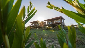 Une maison en bois à deux étages, dotée d’une terrasse, entourée de pelouse et de plantes, sous un ciel dégagé.