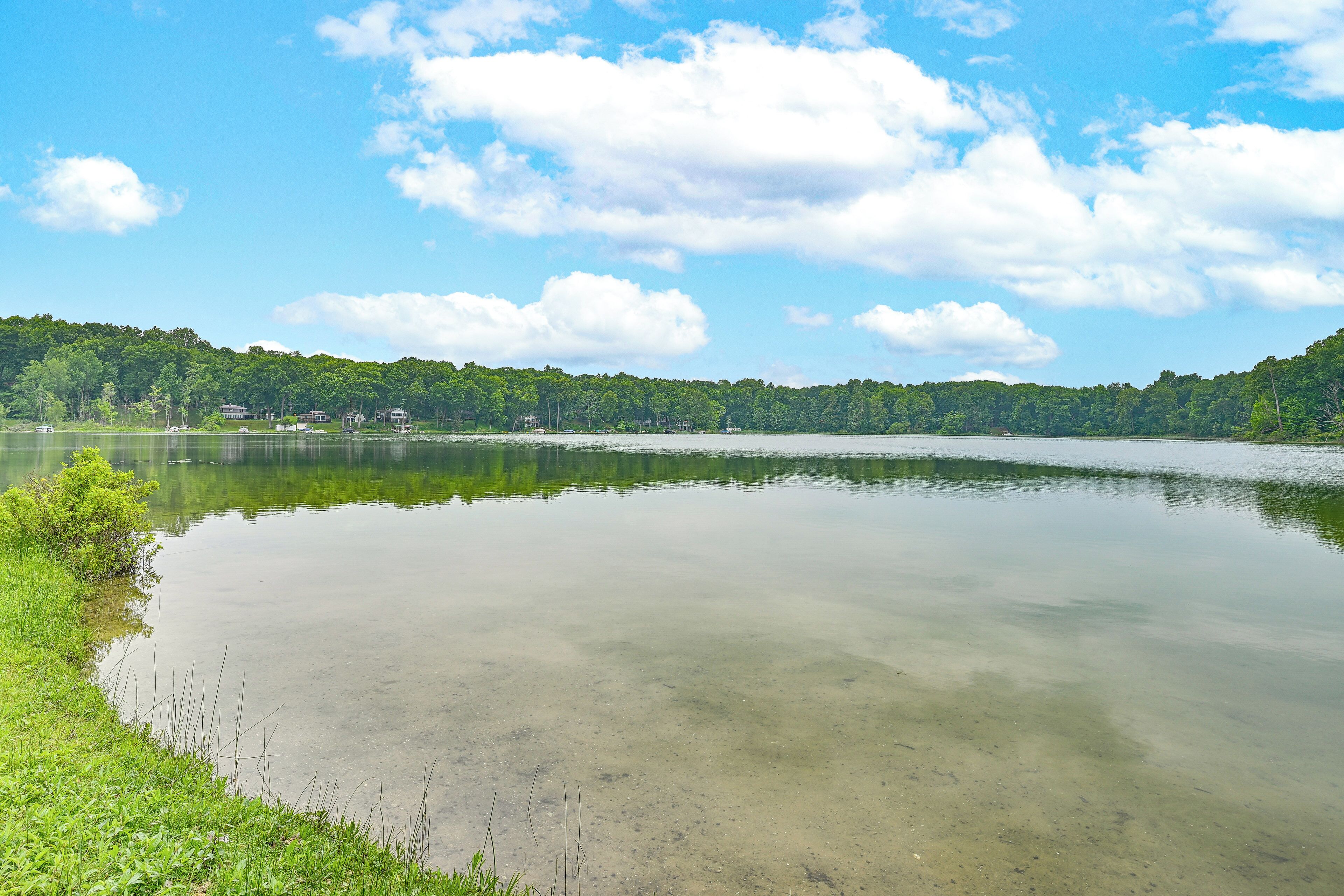A calm lake with a clear sky and a forested hill in the background.