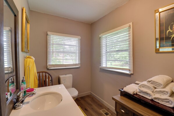 Une salle de bain avec un lavabo, des toilettes et deux fenêtres équipées de stores.