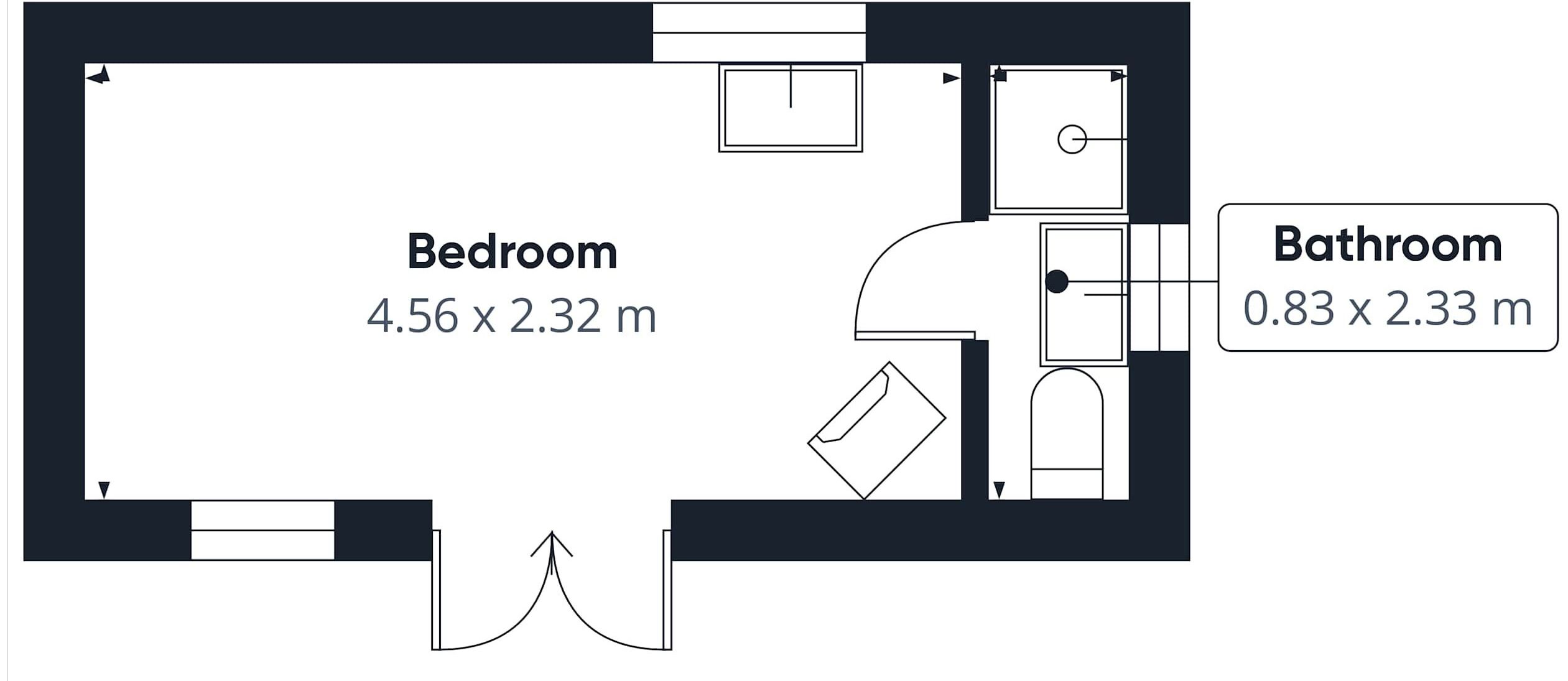 A bedroom and bathroom layout with dimensions: Bedroom 4.56 x 2.32 m, Bathroom 0.83 x 2.33 m.
