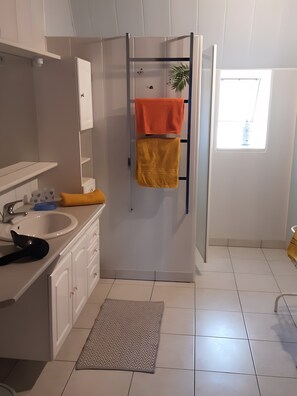 Shower, hair dryer, towels - Holiday Home 'Le Marronnier' with Mountain View, Private Garden and Wi-Fi (Saint-Mamet-la-Salvetat)