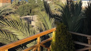 Una terraza de madera con barandilla, rodeada de palmeras y vista al mar.