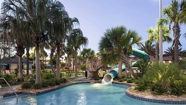 A pool with a water slide, palm trees, and a bridge. - Upstay Villa Sleeps 26 - Theater, Arcade, Pool (Kissimmee)