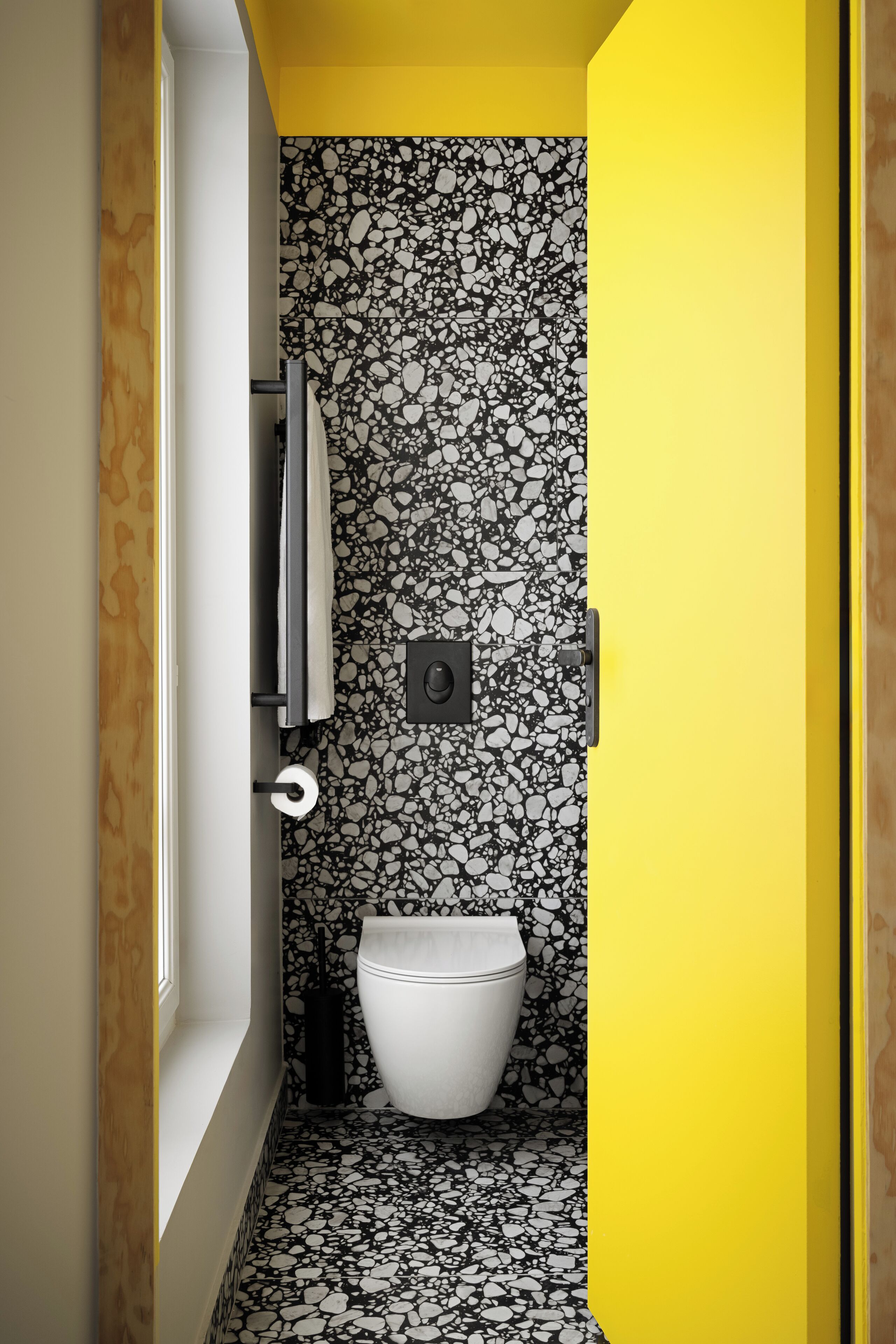 A bathroom with a white toilet, a towel rack, and a wall-mounted toilet paper holder.