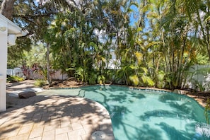 A swimming pool surrounded by lush tropical vegetation and a paved patio area.