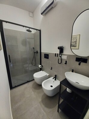 Shower, hair dryer, bidet, towels