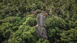 A large rock formation surrounded by dense tropical vegetation. - Peaceful, air-conditioned jungle bungalow - less than 5mins from Lamai beach (Chang Wat Surat Thani)