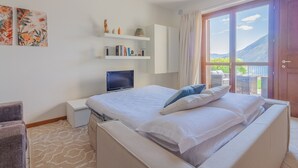 A hotel room with a bed, a TV, a bookshelf, and a view of the outdoors.