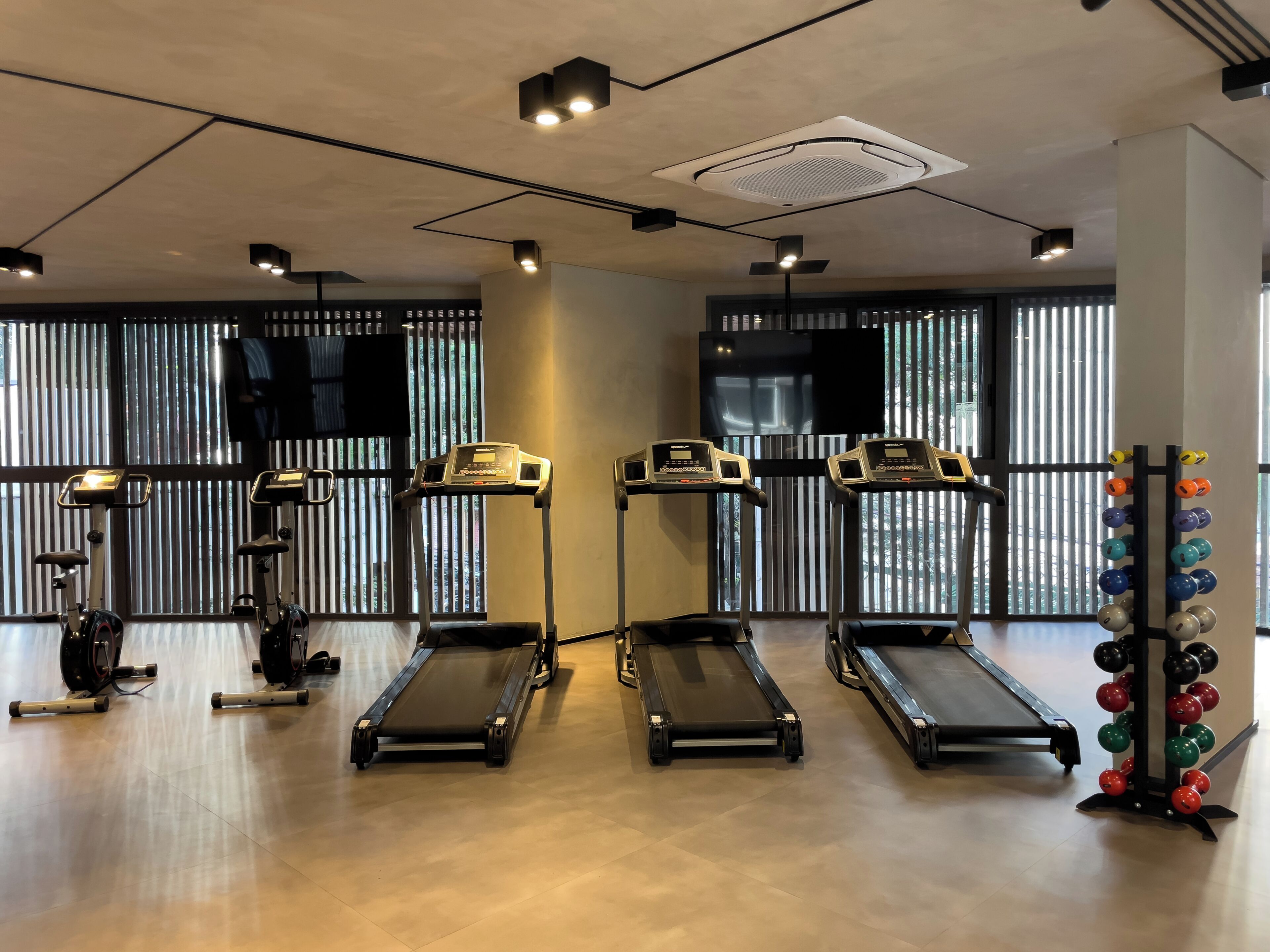 A gym with treadmills, elliptical machines, and a rack of bowling balls.