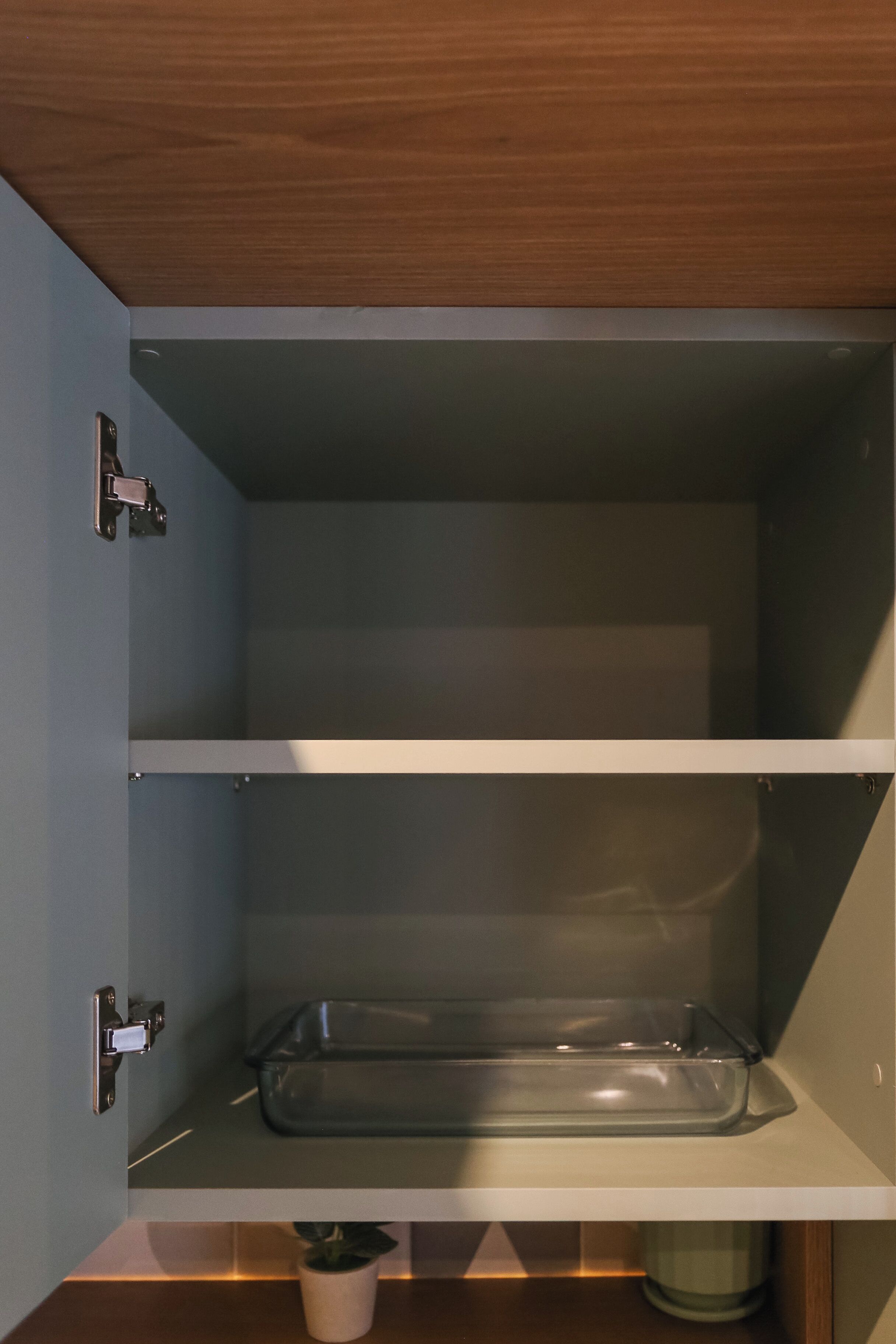 Ein Küchenschrank mit zwei Regalen, einer kleinen Topfpflanze und einem Mülleimer.