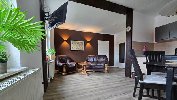 Une pièce comprenant une table à manger, deux fauteuils en cuir, une petite table ronde avec une seule chaise, une plante en pot et un téléviseur fixé au mur.