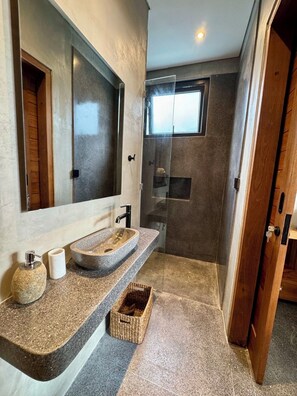 Shower, hair dryer, towels, soap