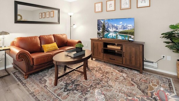 Een woonkamer met een bruine leren bank, een salontafel, een televisie op een houten standaard, een kamerkleed met dessin en een grote spiegel aan de muur.