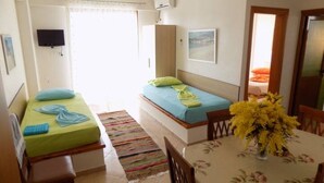 A room with two beds, a TV, a table with a vase of flowers, and a window with curtains. - 25 meters from beach 1 (Himarë)