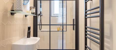 Shower, hair dryer, towels