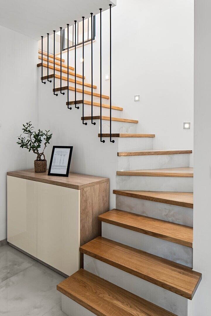 Un escalier moderne avec des marches en bois et des rampes en métal, une petite plante posée sur un meuble et un document encadré.
