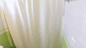 Een badkamer met douchegordijn, groene en witte tegels en een zichtbaar toilet.
