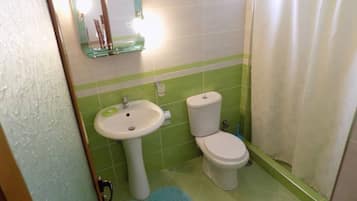 Shower, towels, soap, toilet paper