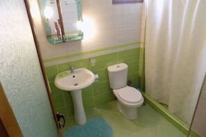 Shower, towels, soap, toilet paper