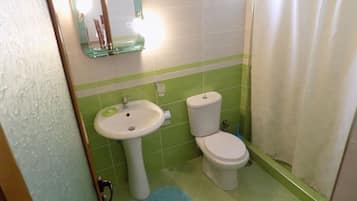 Shower, towels, soap, toilet paper