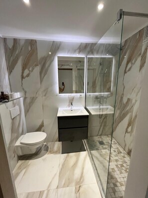 Shower, hair dryer, bidet, towels