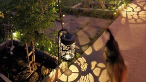 A garden with string lights, a lantern, and a bird feeder.