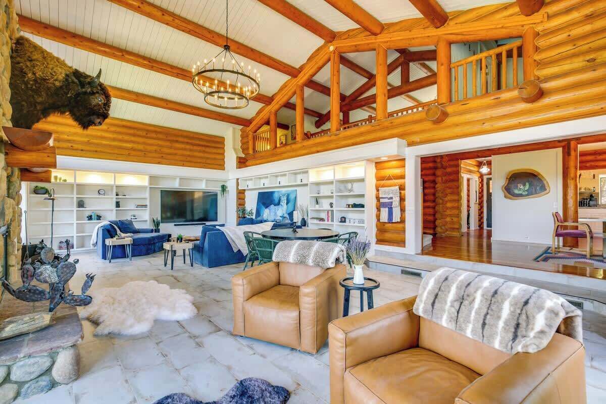 TV, fireplace, books, offices