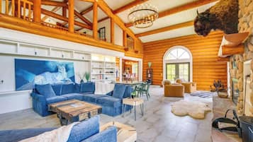 TV, fireplace, books, offices