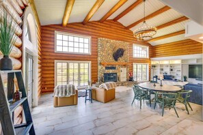 TV, fireplace, books, offices