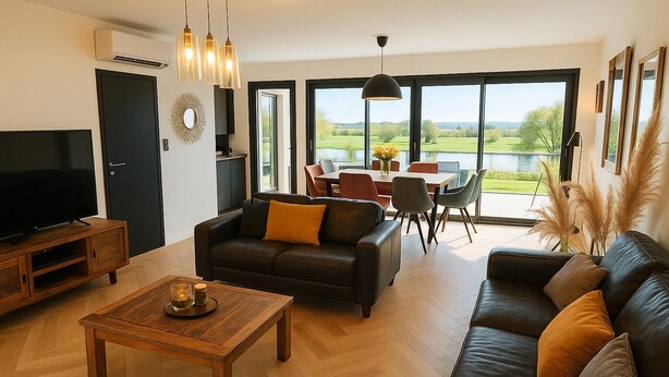 A modern living room with a large TV, leather sofas, wooden coffee table, and a dining area with chairs and a table. - Maison du lac, 1h from Lyon and Genèves, Jacuzzy, swimming pools, magnificent lake view. (Jayat)