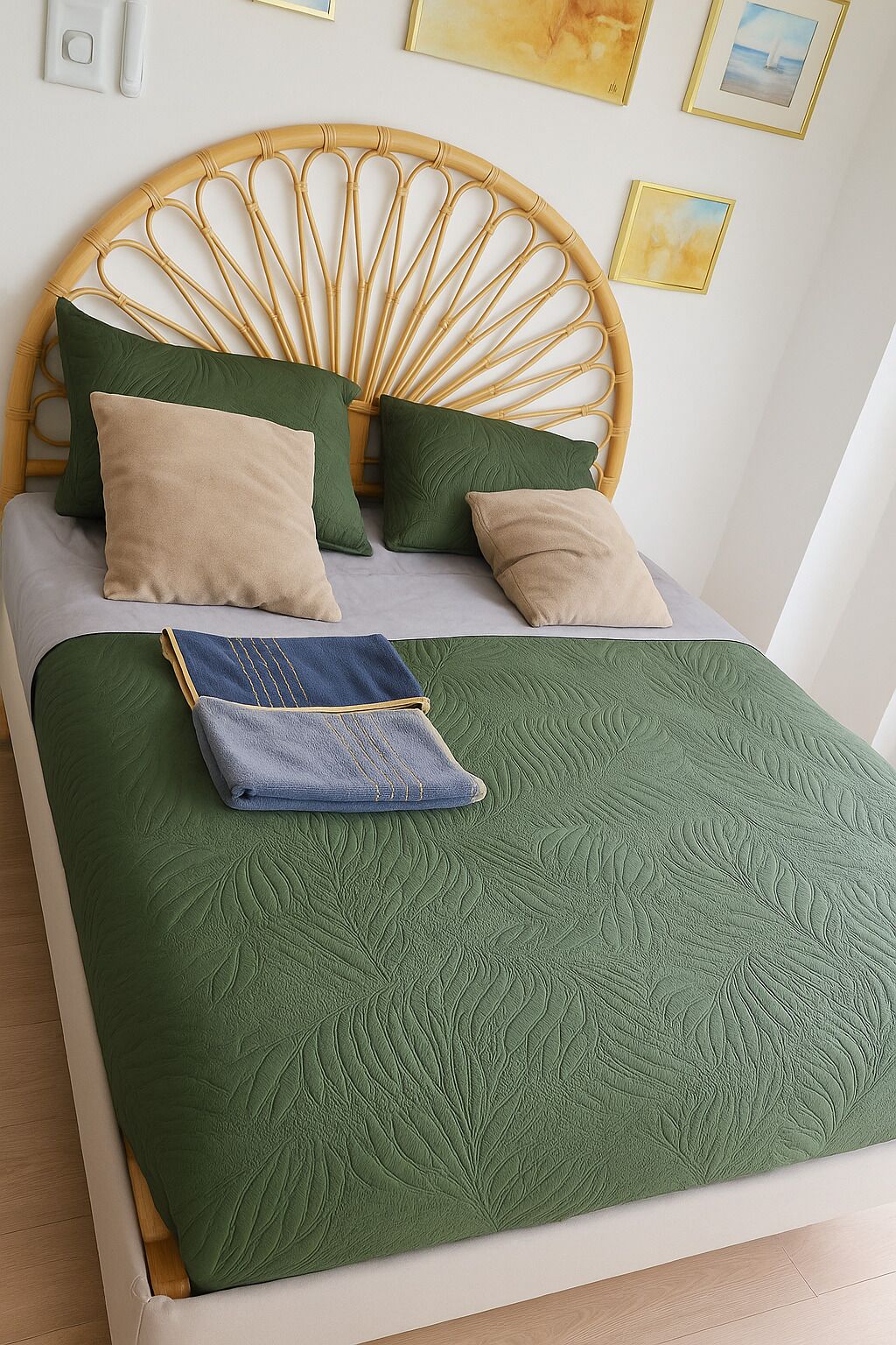 A bed with a green quilt, two green pillows, and a beige pillow.