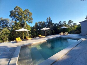 A swimming pool with sun loungers and umbrellas, surrounded by trees. - CASA DI RAMATTA CHEZ L'APICULTRICE (Sotta)