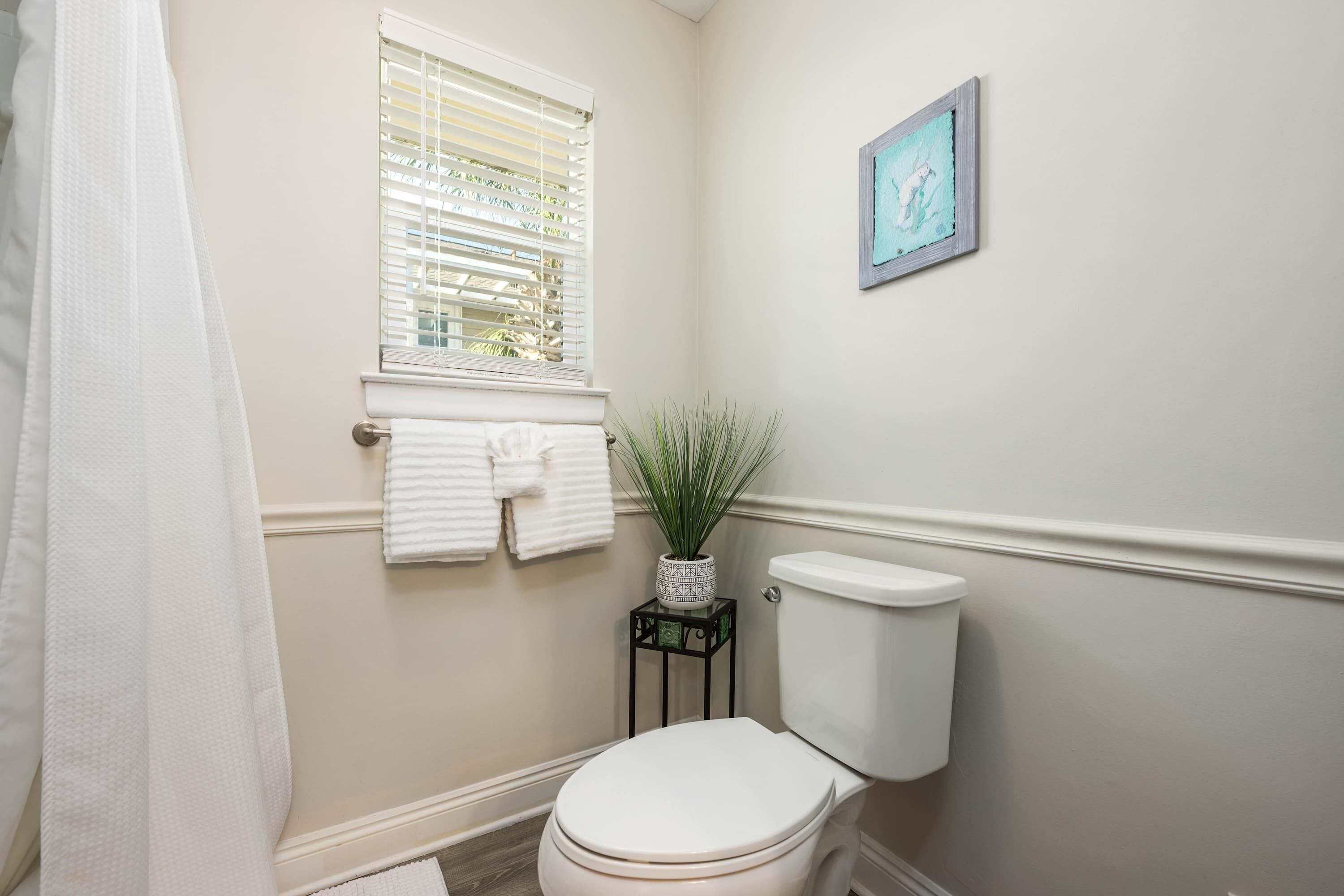 A bathroom with a toilet, a window with blinds, a towel rack with towels, and a small potted plant on a black side table.