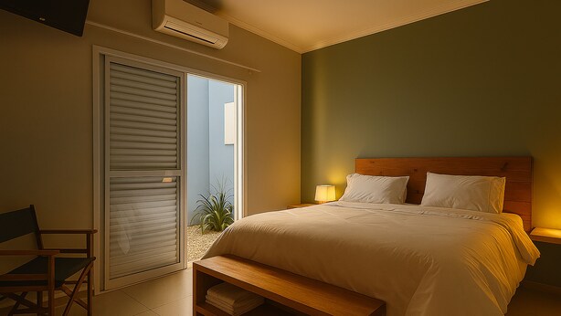 A bedroom with a bed, bedside lamps, a bench, a chair, and a sliding door leading to a balcony. - Villa Brotas (Brotas)