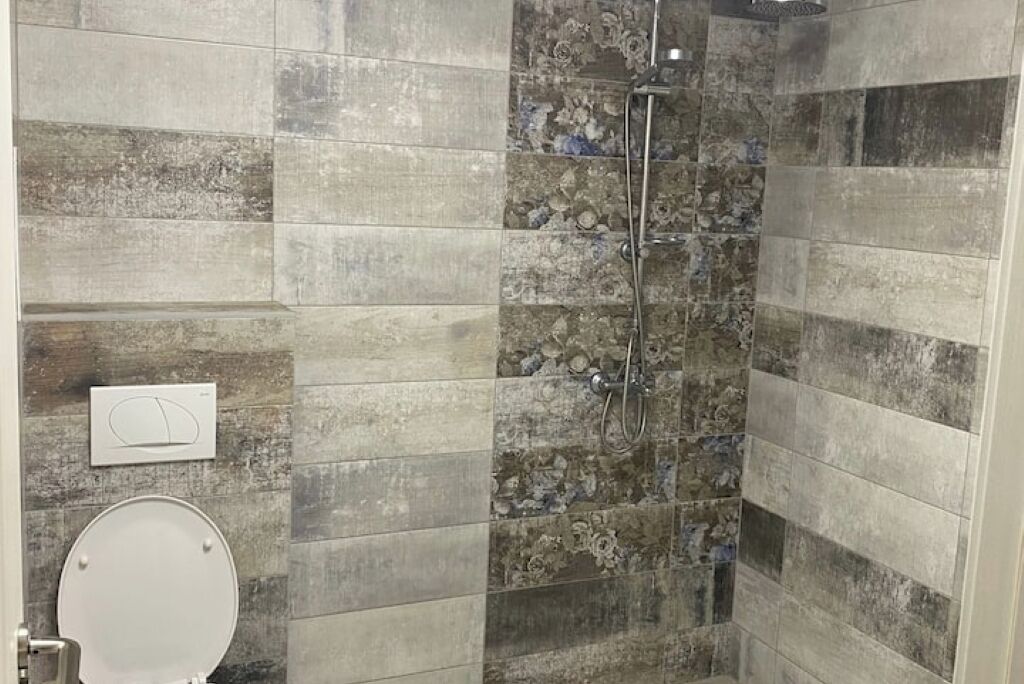 Shower, hair dryer, towels, toilet paper