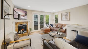 Smart TV, fireplace, books