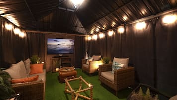 TV connectée, cheminée, livres