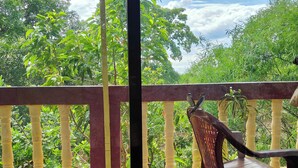 Un balcón con vista a exuberante vegetación y cielo despejado.