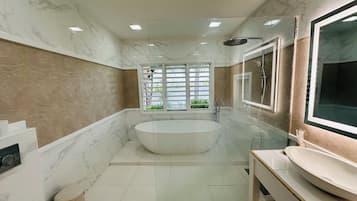 Secadora de cabello, toallas, jabón, papel de baño