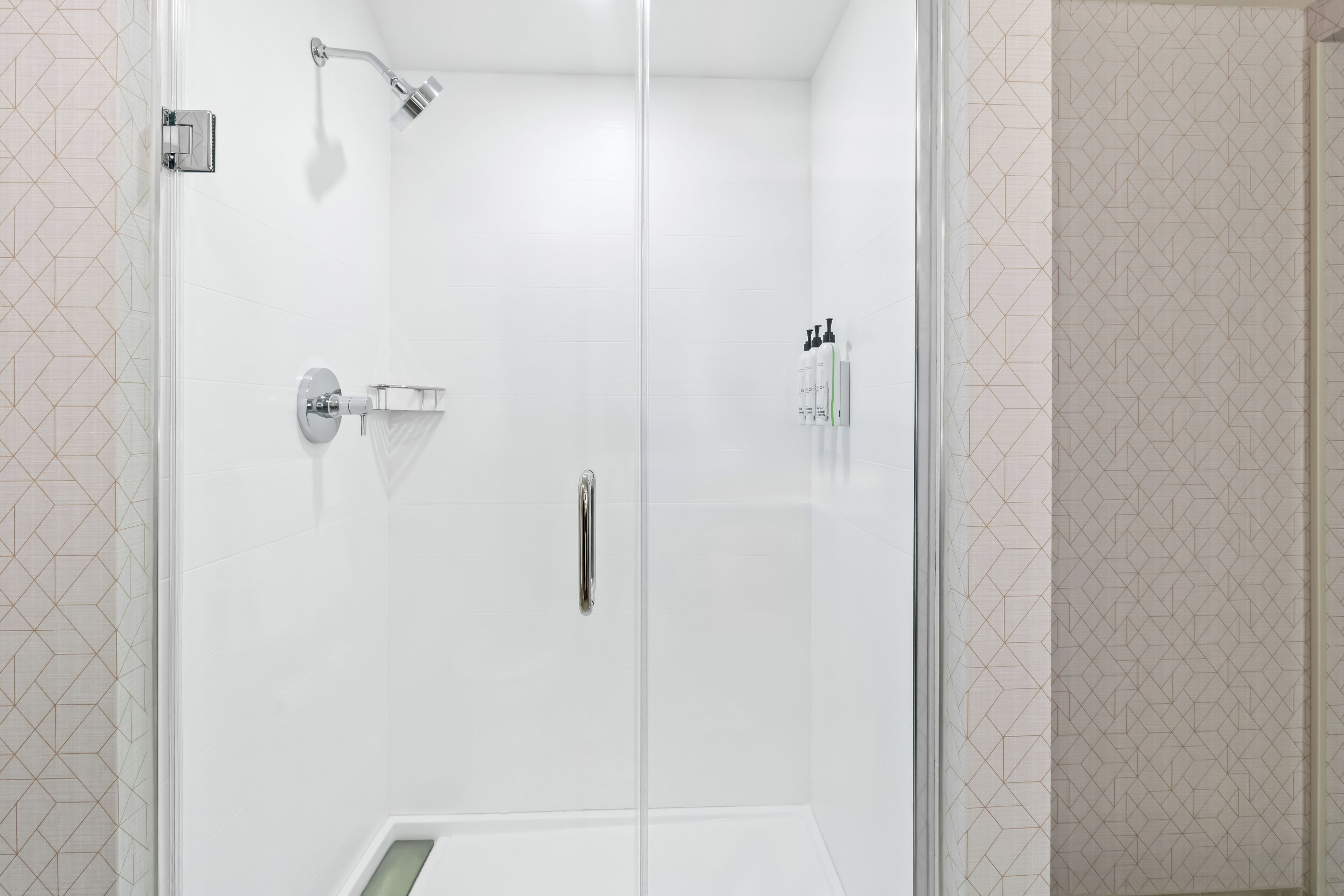 A modern bathroom with a glass shower enclosure, a toilet, and a sink.