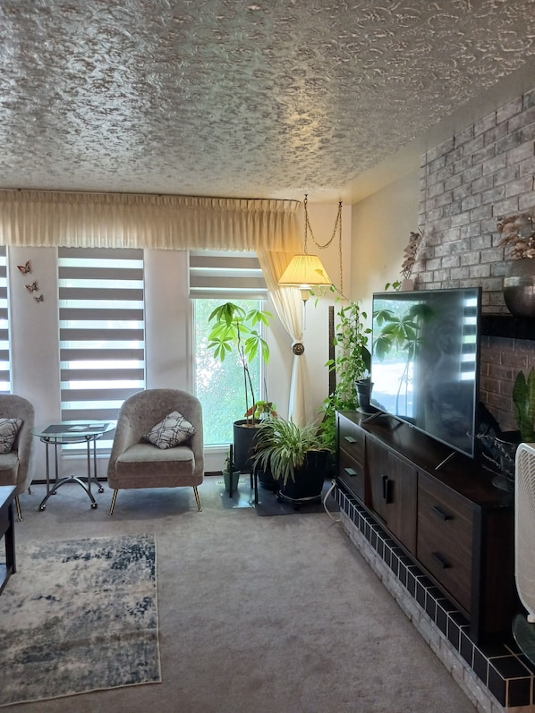 A living room with a sofa, a coffee table, a TV, and potted plants. - Charming 3-bedroom house with WiFi, in Regin, spacious, calm and lovely space (Regina)