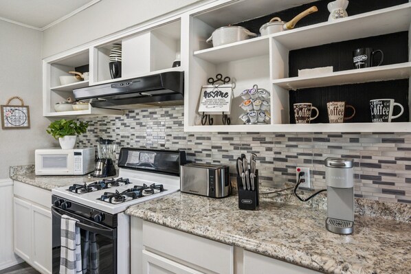 Fridge, microwave, oven, dishwasher