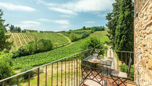 A balcony with a table and chairs overlooking a vineyard. - "Volpe" Apartment with Pool Reserved for Guests, Wi-Fi, and Air Conditioning (San Gimignano)